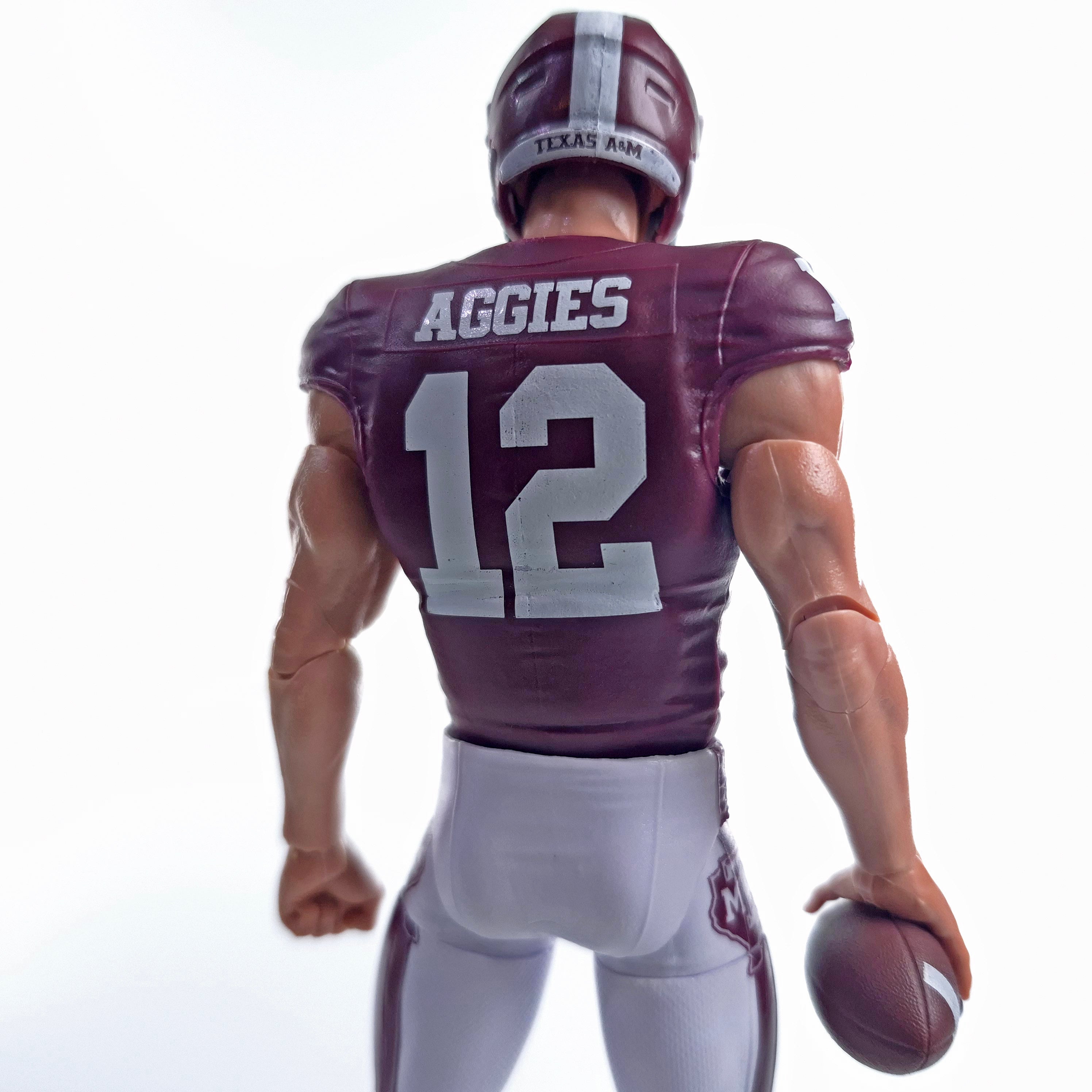 Collegiate Legends Texas A&M #12 football action figure in maroon and white jersey seen from the back