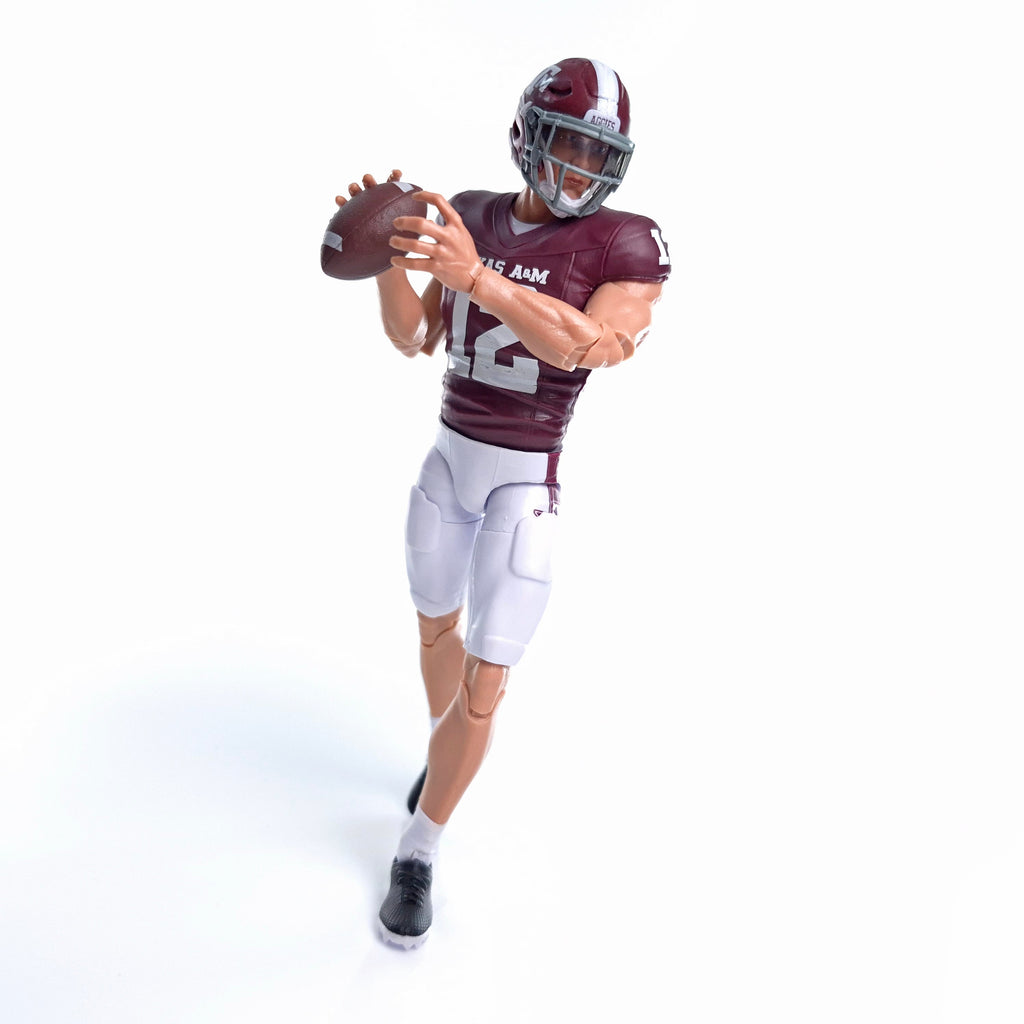 Collegiate Legends Texas A&M #12 football action figure in maroon and white uniform holding a football
