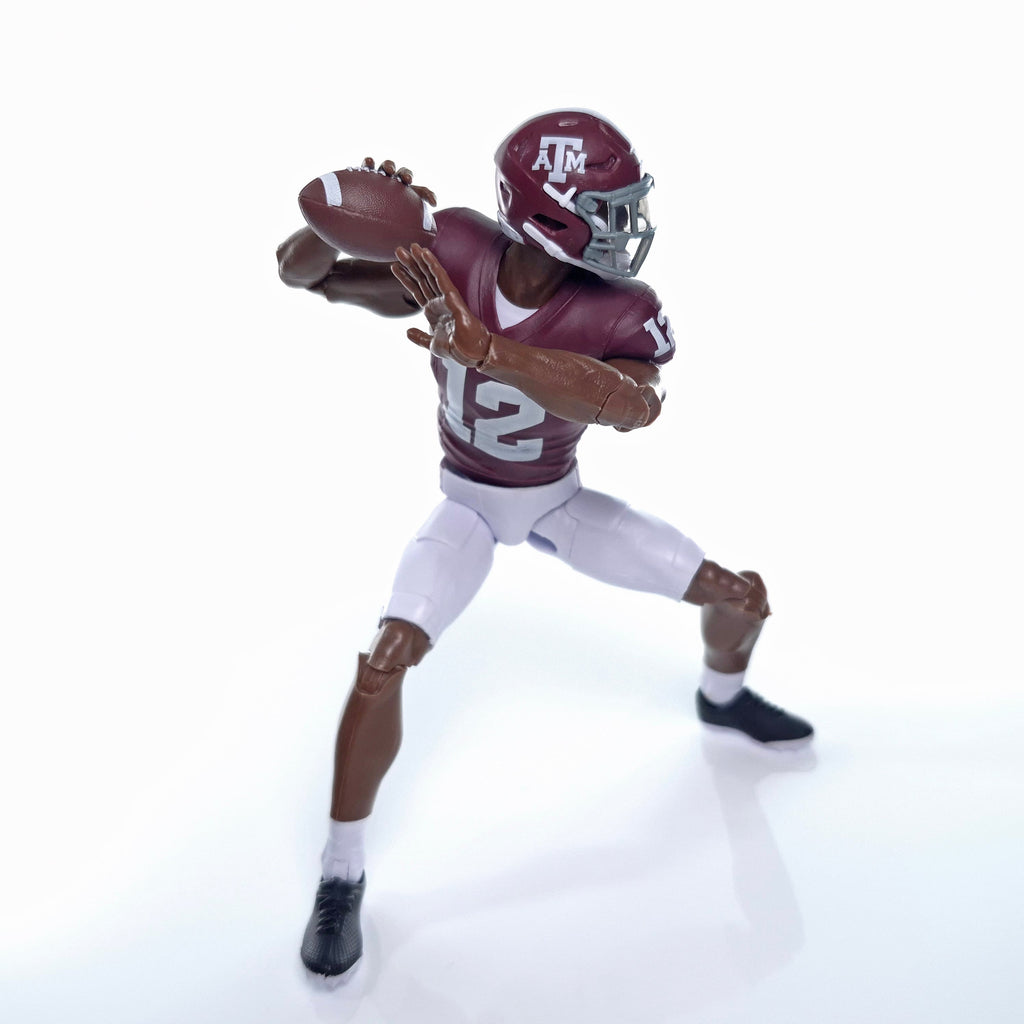 Collegiate Legends Texas A&M #12 football action figure in maroon and white uniform throwing a football