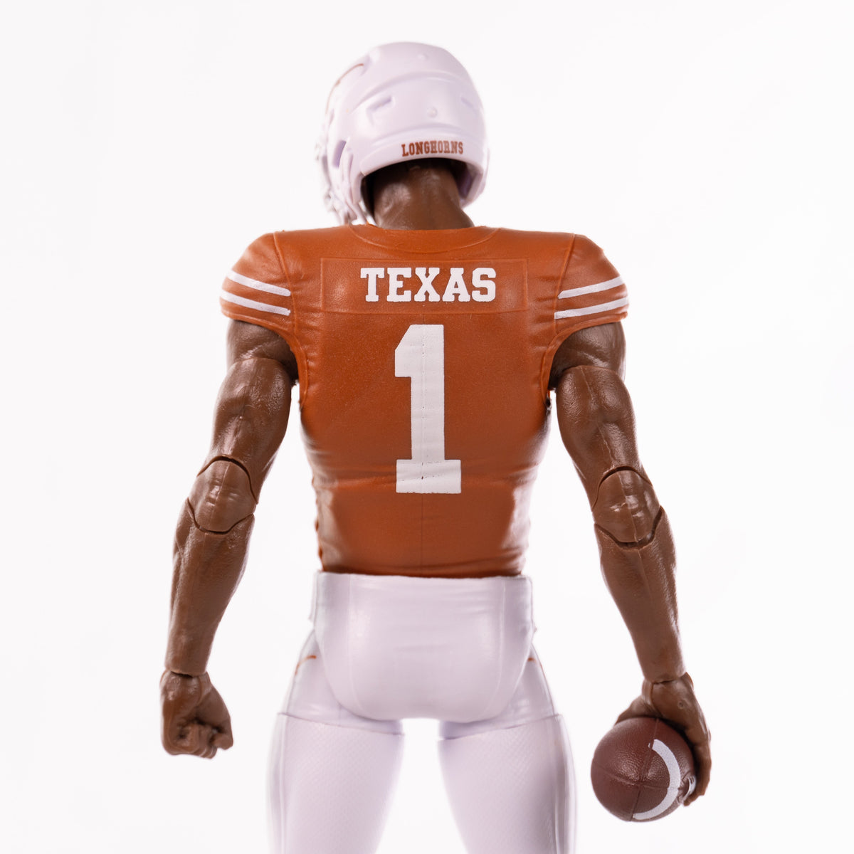 Collegiate Legends Texas Longhorns #1 football action figure in burnt orange jersey, back view holding a football.