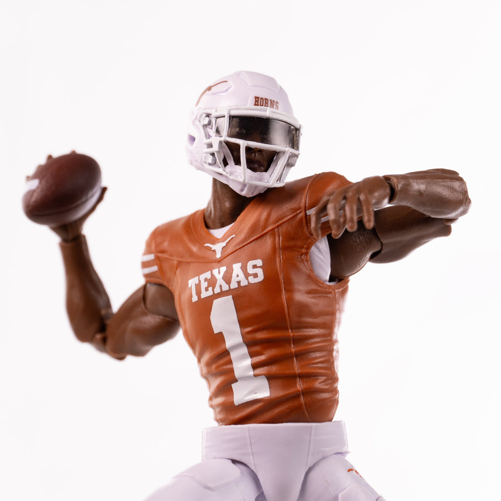 Collegiate Legends Texas Longhorns #1 football action figure in burnt orange jersey throwing a football